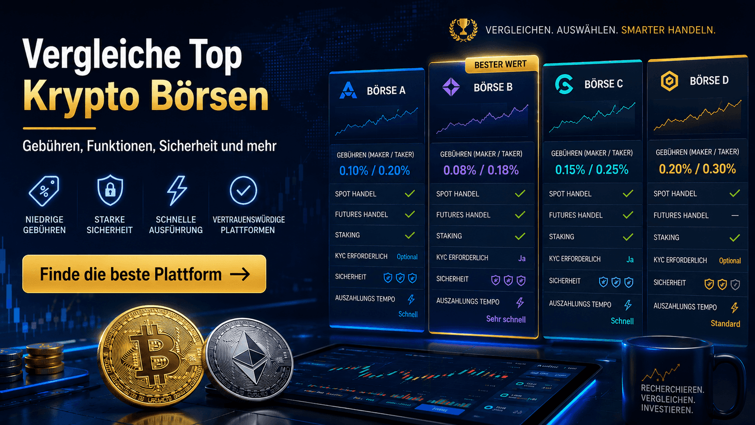 Möchten Sie Kryptowährungen kaufen, wissen aber nicht, welche Börse Sie wählen sollen? Schauen Sie sich unseren Vergleich der Krypto-Börsen an.
