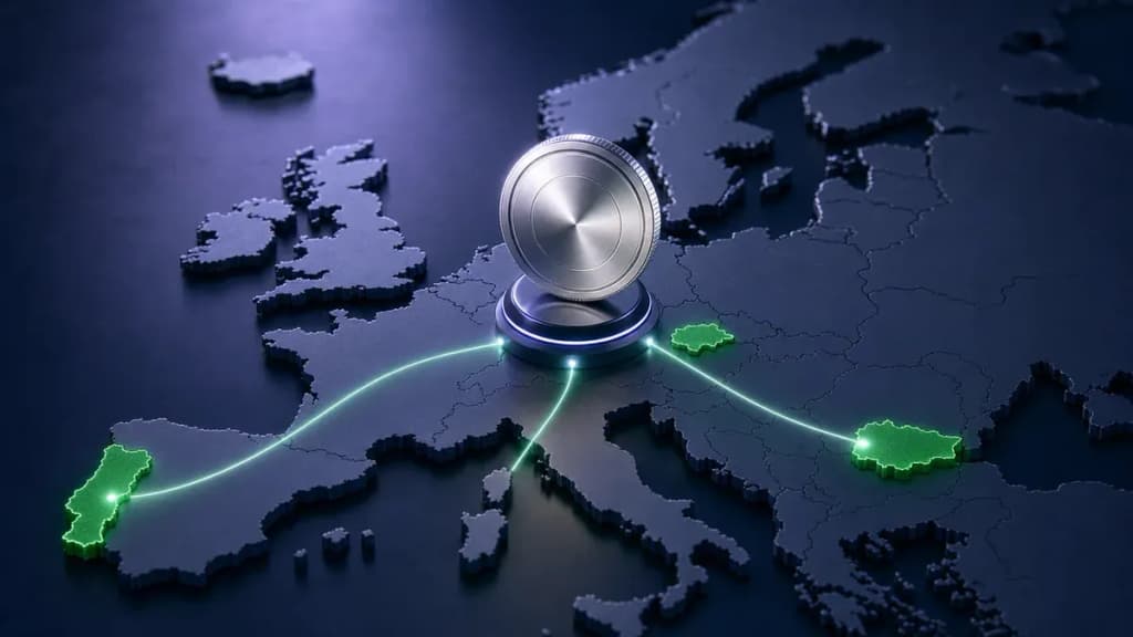 Digitaler Euro-Token über einer Europakarte mit drei grün hervorgehobenen Testmärkten.
