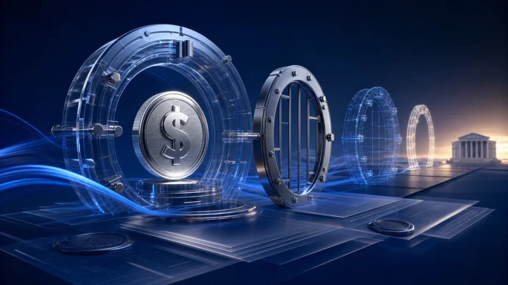 Digitaler Dollar-Token in einem teilweise aufgebauten regulatorischen Tresor mit gestaffelten Kontrolltoren.
