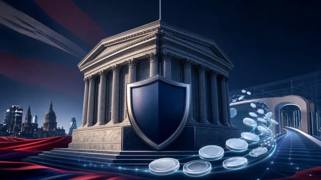 Zentralbanktresor mit Stabilitätsschild und digitalen Tokenströmen als Symbol für britische Stablecoin-Regulierung.
