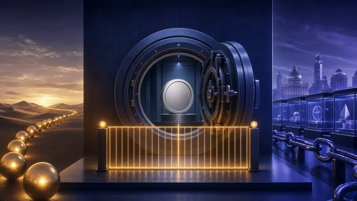Teilweise geöffneter Tresor symbolisiert die noch ausstehende Betriebsfreigabe einer Trust Company.