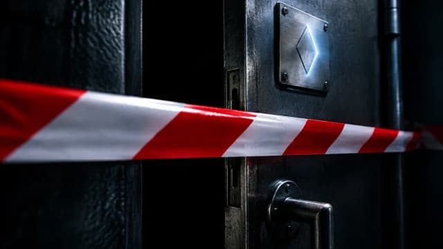 Rot-weißes Absperrband vor einer angelehnten Stahltür, daneben ein Metallschild mit eingraviertem rautenförmigem Symbol