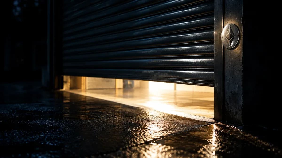 Zu zwei Dritteln heruntergelassenes Stahl-Rolltor vor einem erleuchteten Eingang bei Nacht, am Torrahmen ein Metallschild mit eingraviertem Ethereum-Rautensymbol