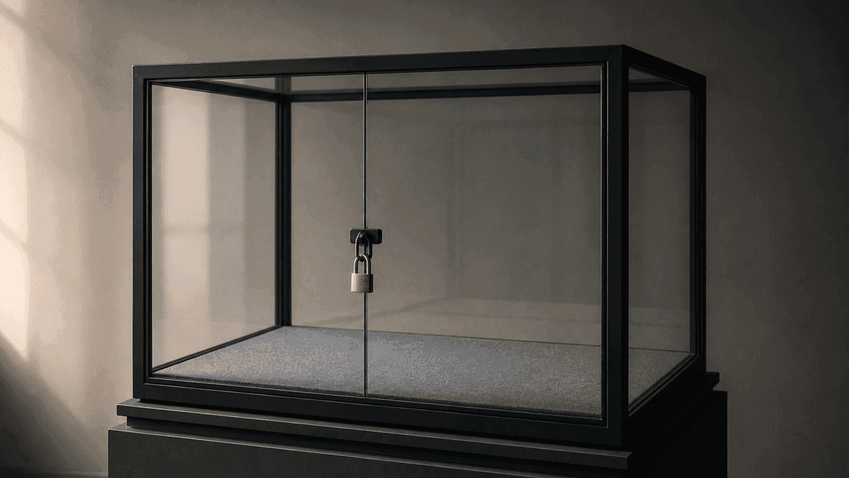 Verschlossene leere Glasvitrine mit dunklem Metallrahmen und kleinem Vorhaengeschloss am Griff, dahinter ein grauer Filzboden ohne Inhalt
