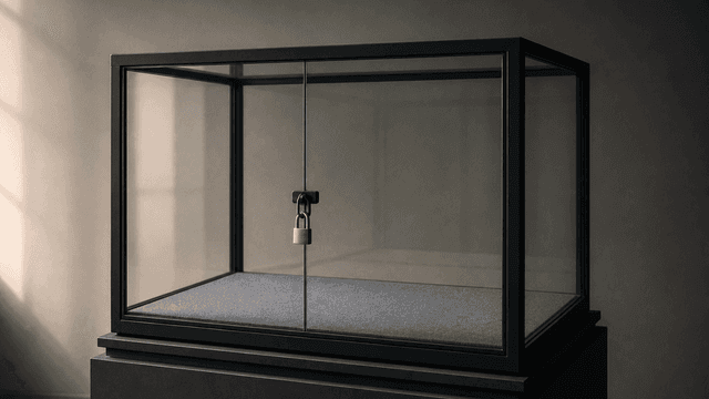 Verschlossene leere Glasvitrine mit dunklem Metallrahmen und kleinem Vorhaengeschloss am Griff, dahinter ein grauer Filzboden ohne Inhalt