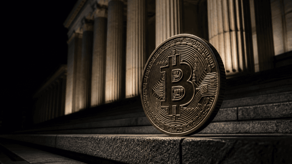 Goldene Münze mit eingeprägtem Bitcoin-Zeichen steht aufrecht auf der Steintreppe vor einem nächtlich beleuchteten Säulenportal.