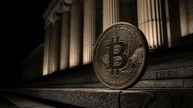 Goldene Münze mit eingeprägtem Bitcoin-Zeichen steht aufrecht auf der Steintreppe vor einem nächtlich beleuchteten Säulenportal.