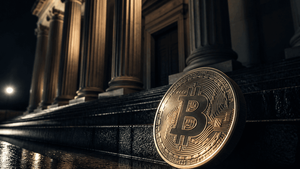 Nächtliches klassizistisches Behördengebäude mit Säulenportal über einer nassen Steintreppe, im Vordergrund eine große Münze mit eingeprägtem Bitcoin-Symbol