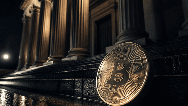Nächtliches klassizistisches Behördengebäude mit Säulenportal über einer nassen Steintreppe, im Vordergrund eine große Münze mit eingeprägtem Bitcoin-Symbol