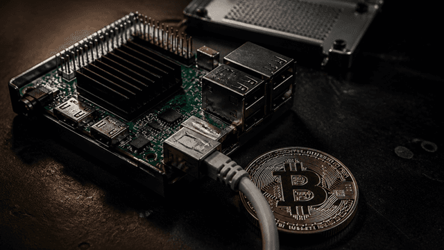 Einplatinen-Computer mit offenem Gehäuse und eingestecktem Netzwerkkabel auf dunkler Werkbank, davor eine Münze mit Bitcoin-Zeichen