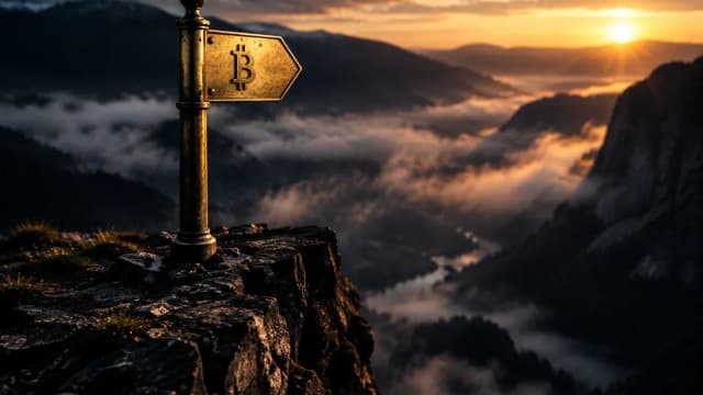 Messing-Wegweiser mit eingraviertem Bitcoin-Zeichen am Rand einer Felsabbruchkante über einem nebelverhangenen Tal im Morgenlicht