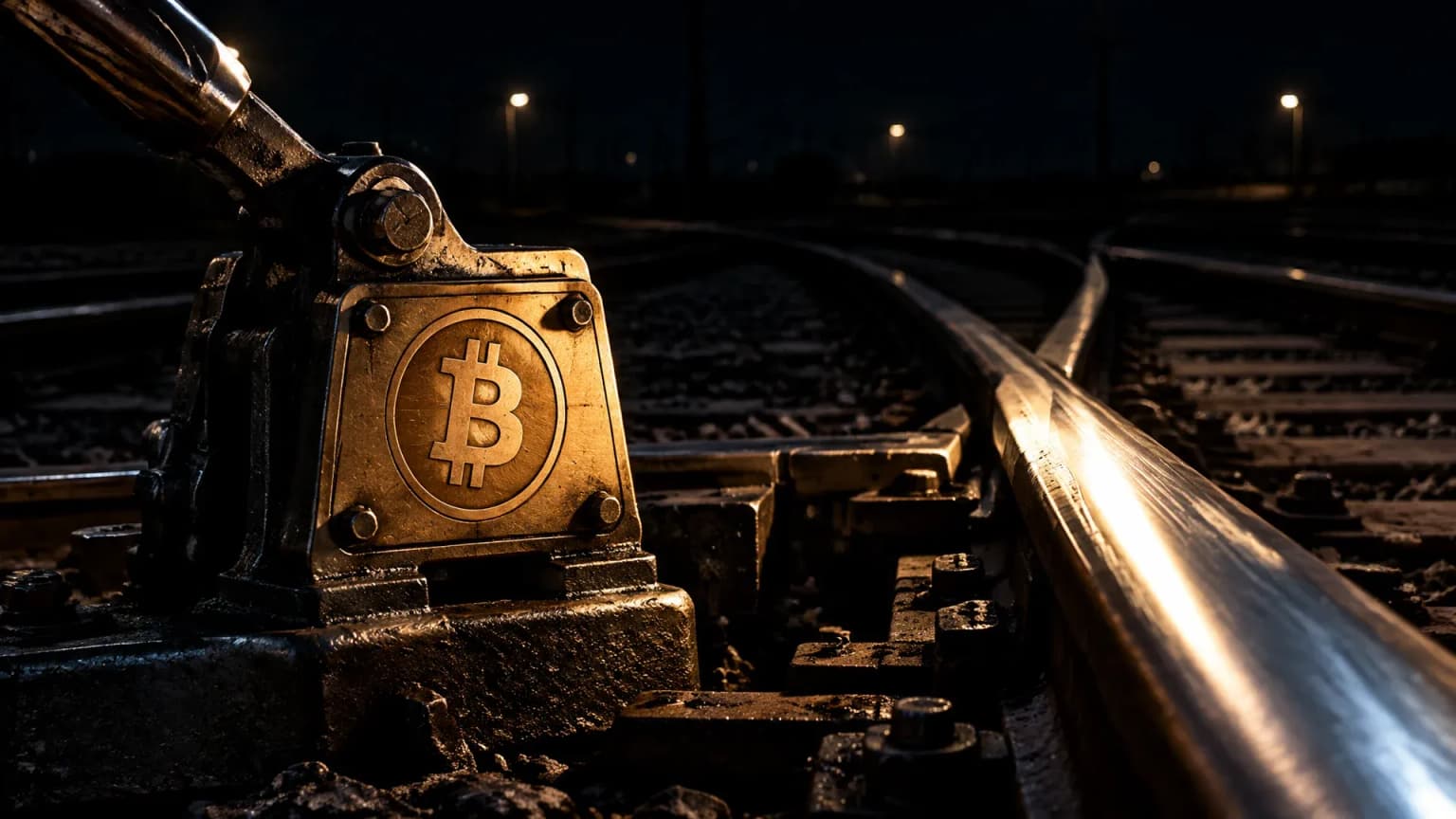 Aguja ferroviaria de acero en una estación de clasificación a oscuras, con el signo de Bitcoin grabado en la caja de latón de la palanca, un carril muy iluminado y varias vías secundarias en la oscuridad