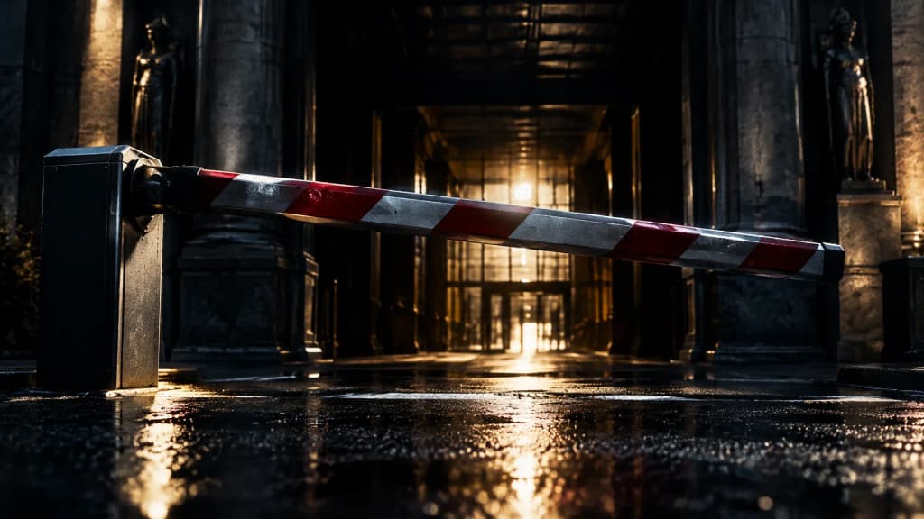Halb herabgelassene Stahlschranke vor der dunklen Einfahrt eines monumentalen Finanzgebäudes bei Nacht