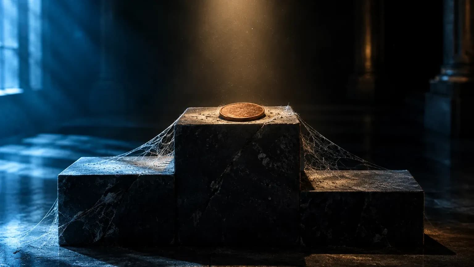 A dusty stone winners' podium with a single plain coin on the top step