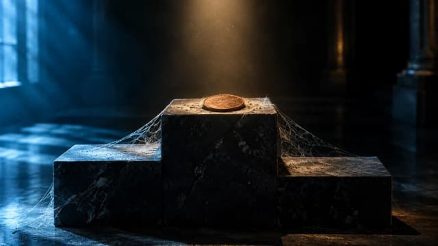 A dusty stone winners' podium with a single plain coin on the top step