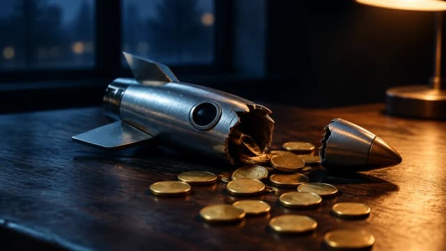 A broken toy rocket lying on a desk next to scattered gold coins