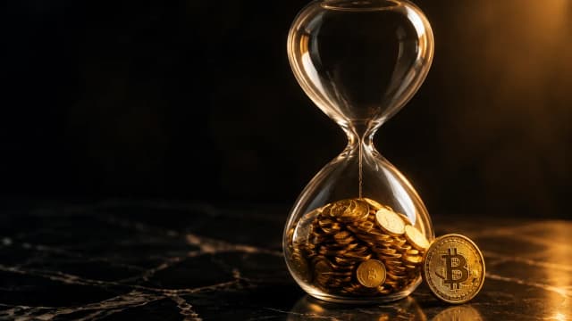 An hourglass filled with gold coins next to a Bitcoin coin