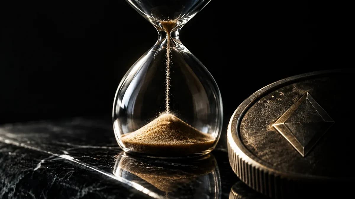 Fast leere gläserne Sanduhr auf dunklem Stein, daneben eine dicke Metallmünze mit eingeprägtem rautenförmigem Symbol