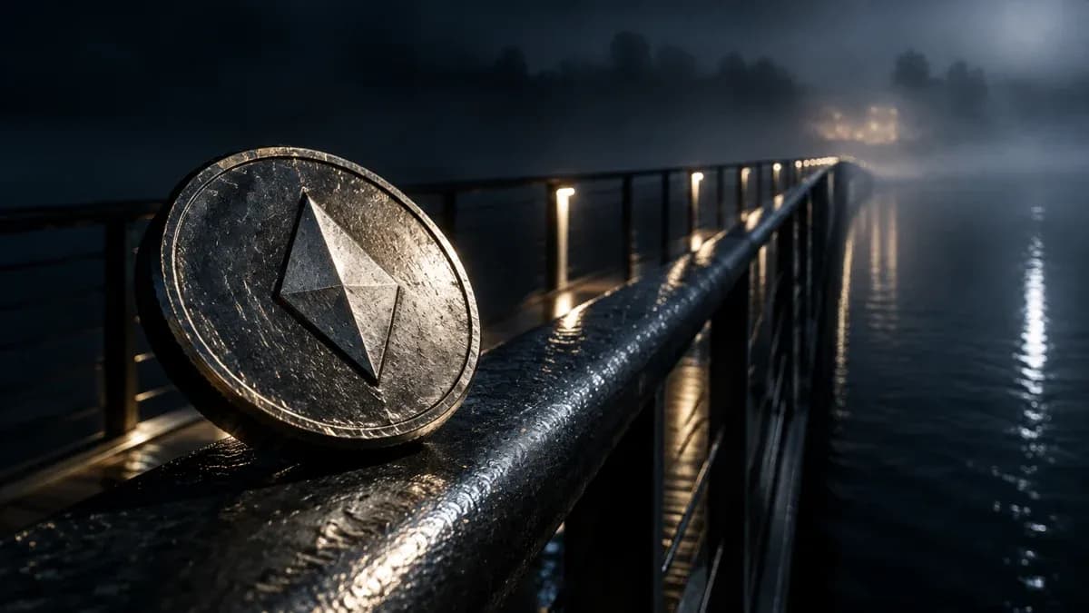 Schmale Stahlbrücke bei Nacht über dunklem Wasser, im Vordergrund auf dem Geländer eine Metallmünze mit eingeprägtem rautenförmigem Symbol