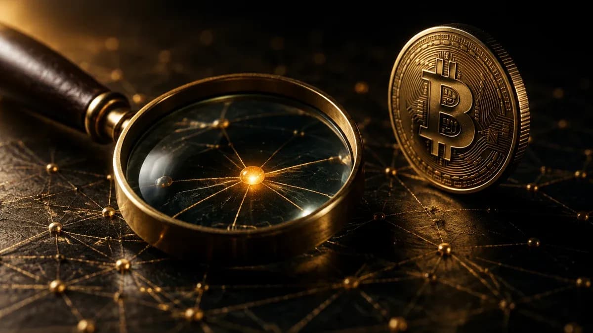Eine Messing-Lupe liegt über einem gravierten Geflecht aus Linien und Knotenpunkten und vergrößert einen leuchtenden Knoten, daneben eine Münze mit eingeprägtem Bitcoin-Symbol