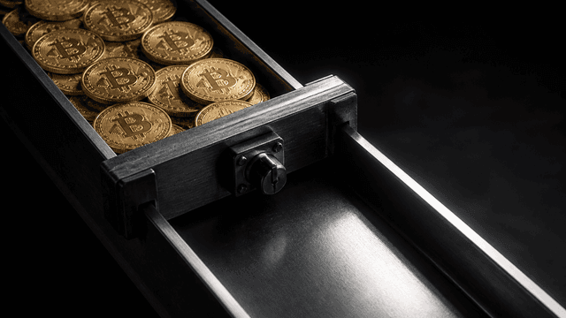 Ein verriegelter Metallbalken quer ueber einer Stahlrinne, dahinter stauen sich Muenzen mit Bitcoin-Symbol, die Rinne davor ist leer