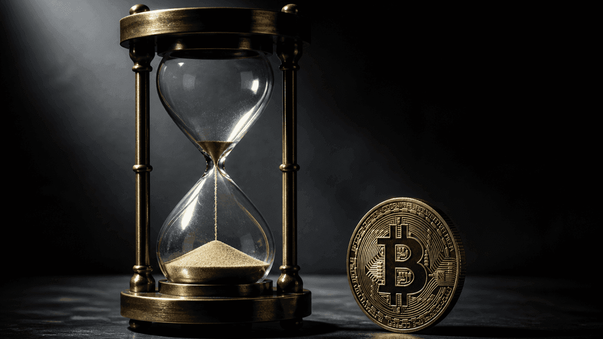 Brass hourglass almost run out on a dark steel plate, next to it a metal coin standing upright and embossed with the Bitcoin symbol