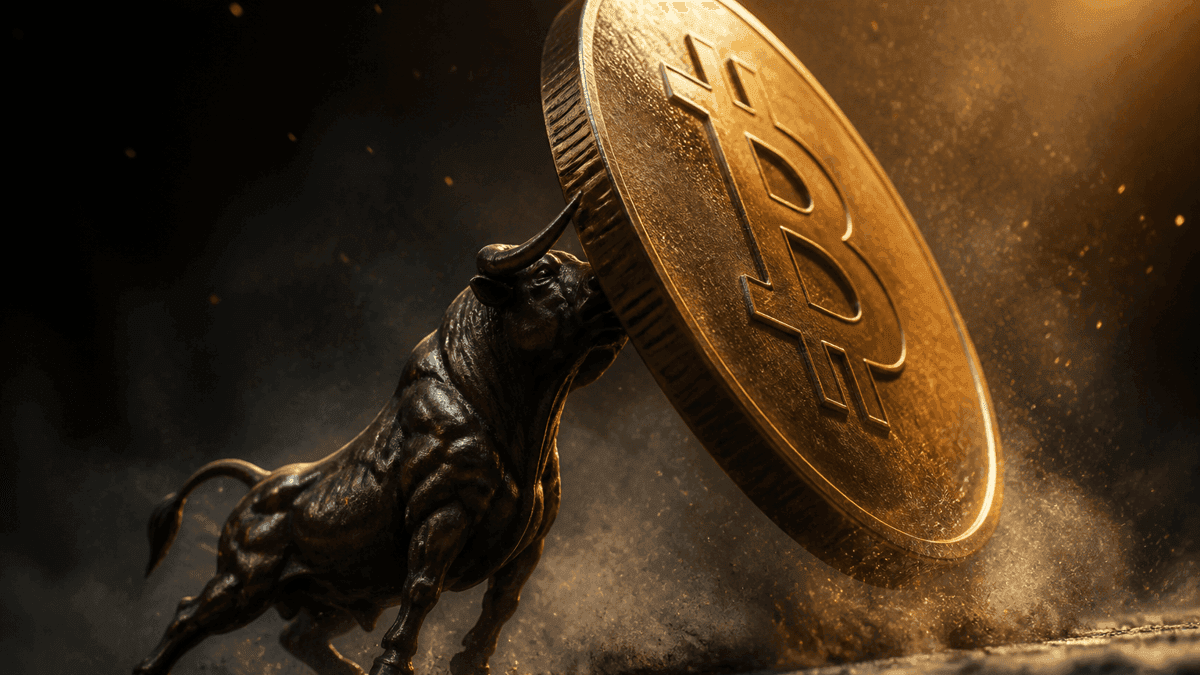 Bronzener Bulle stemmt eine mannshohe Goldmünze mit eingeprägtem Bitcoin-Zeichen aus dem Dunkel nach oben, Staub und Funken in der Luft