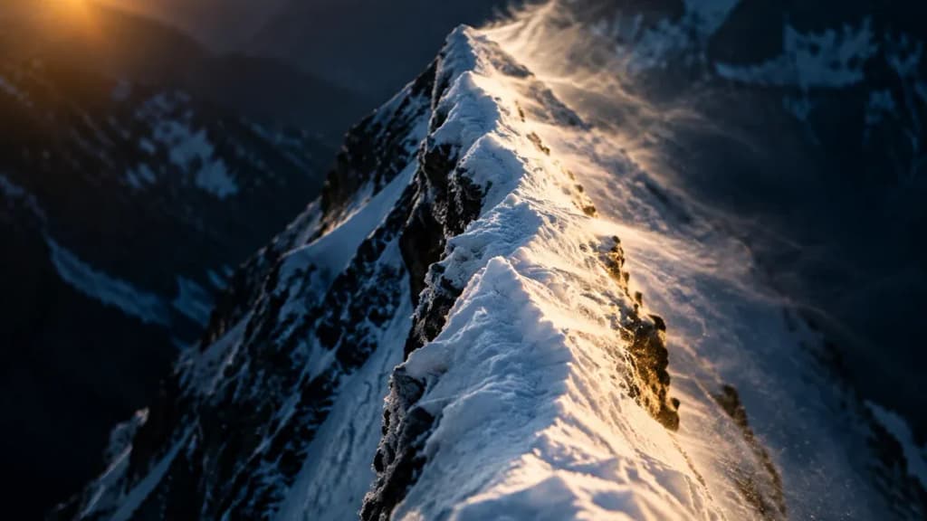 Ein schmaler vereister Gebirgsgrat im Morgenlicht, zu beiden Seiten fällt die Flanke in tiefen Schatten ab