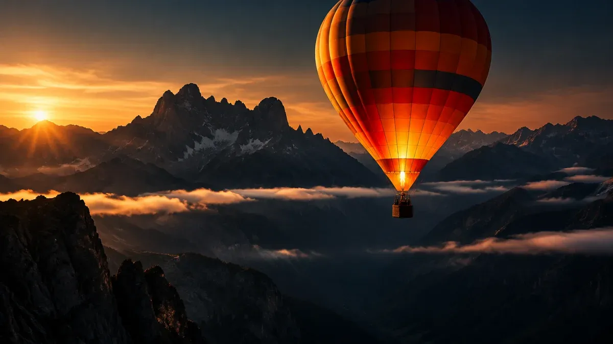 Ein Heissluftballon steigt im Morgenlicht über einer dunklen Gebirgskette auf