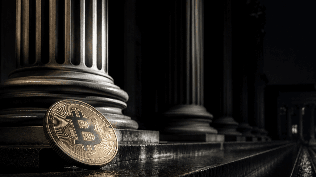 Bitcoin-Münze auf der nassen Steinstufe vor dem beleuchteten Säulenportal eines klassizistischen Behördengebäudes bei Nacht