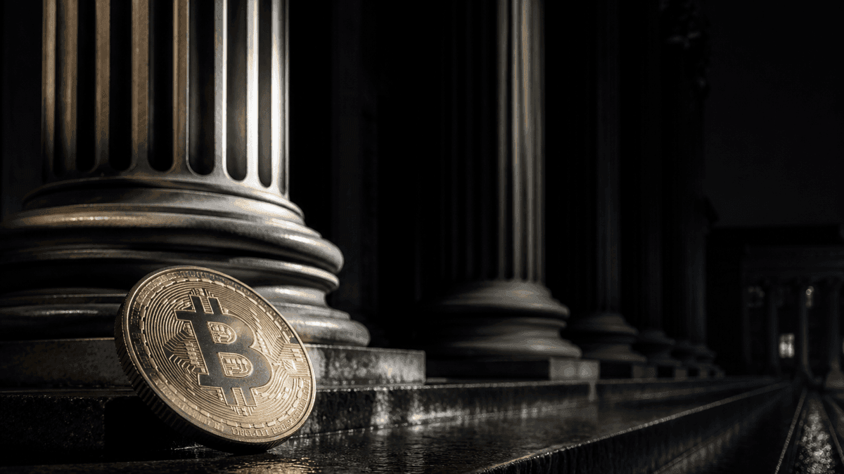 Bitcoin-Münze auf der nassen Steinstufe vor dem beleuchteten Säulenportal eines klassizistischen Behördengebäudes bei Nacht