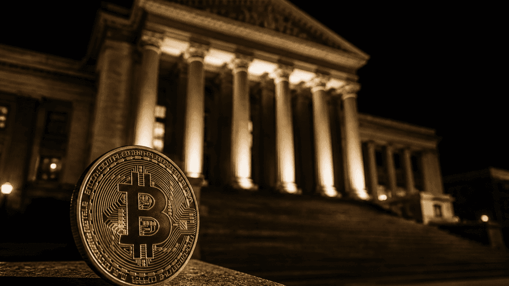 Goldene Bitcoin-Münze auf einer Steinbrüstung vor einem nachts angestrahlten klassizistischen Behördengebäude mit Säulenportal