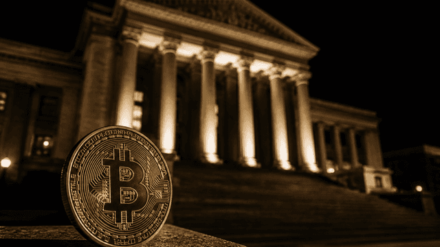 Goldene Bitcoin-Münze auf einer Steinbrüstung vor einem nachts angestrahlten klassizistischen Behördengebäude mit Säulenportal