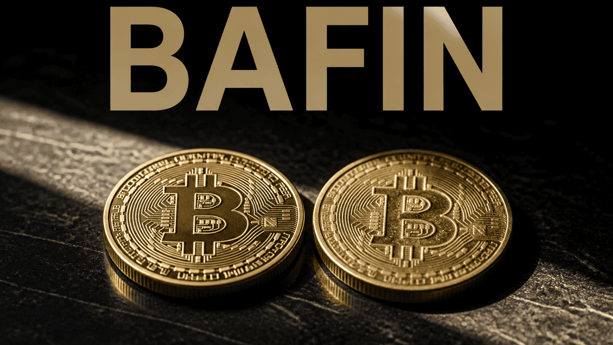 Zwei fast identische Goldmuenzen mit Bitcoin-Zeichen nebeneinander auf dunklem Stein, die rechte unsauber gepraegt, darueber das Wort BAFIN