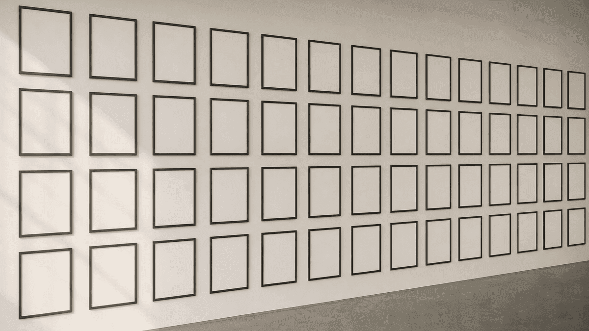 Lange helle Wand mit dutzenden voellig identischen, leeren Bilderrahmen in gleichmaessigem Raster