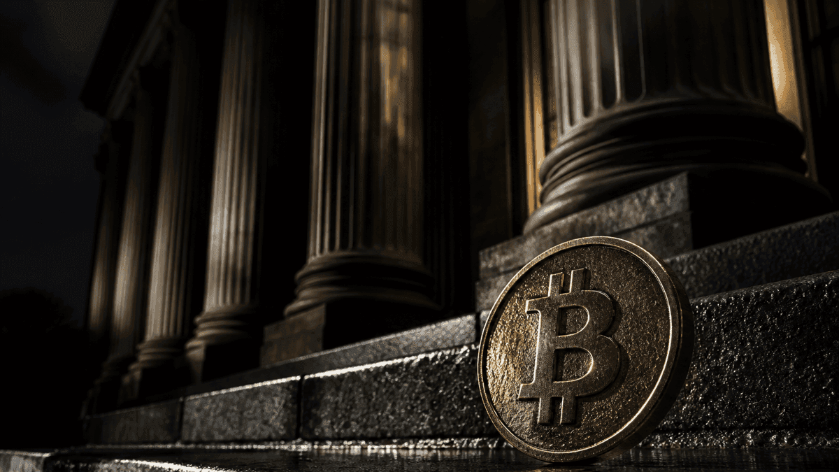 Nächtliches klassizistisches Säulenportal eines Aufsichtsgebäudes, davor auf nasser Steinstufe eine goldene Münze mit eingeprägtem Bitcoin-Zeichen