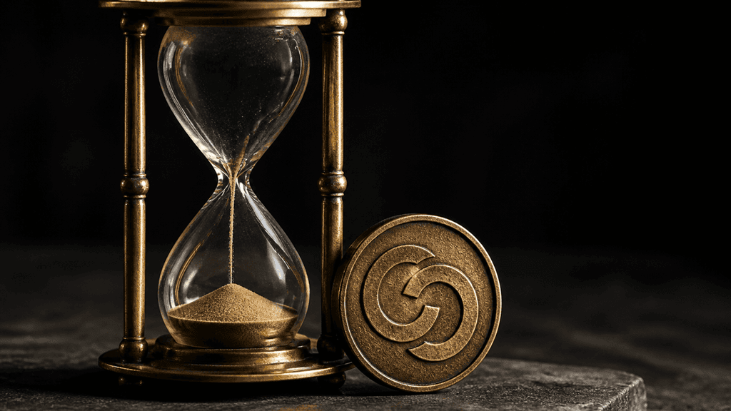 Fast durchgelaufene Sanduhr aus Messing neben einer aufrecht stehenden Metallmünze mit eingeprägtem Halbkreis-Symbol