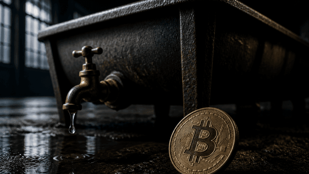 Leergelaufener gusseiserner Trog in einer dunklen Werkhalle, der Ablasshahn steht offen, ein letzter Tropfen hängt daran, davor eine Münze mit Bitcoin-Zeichen