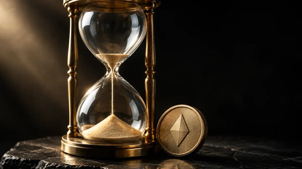 Eine Messing-Sanduhr mit fast durchgelaufenem Sand neben einer schweren geprägten Münze auf dunklem Stein
