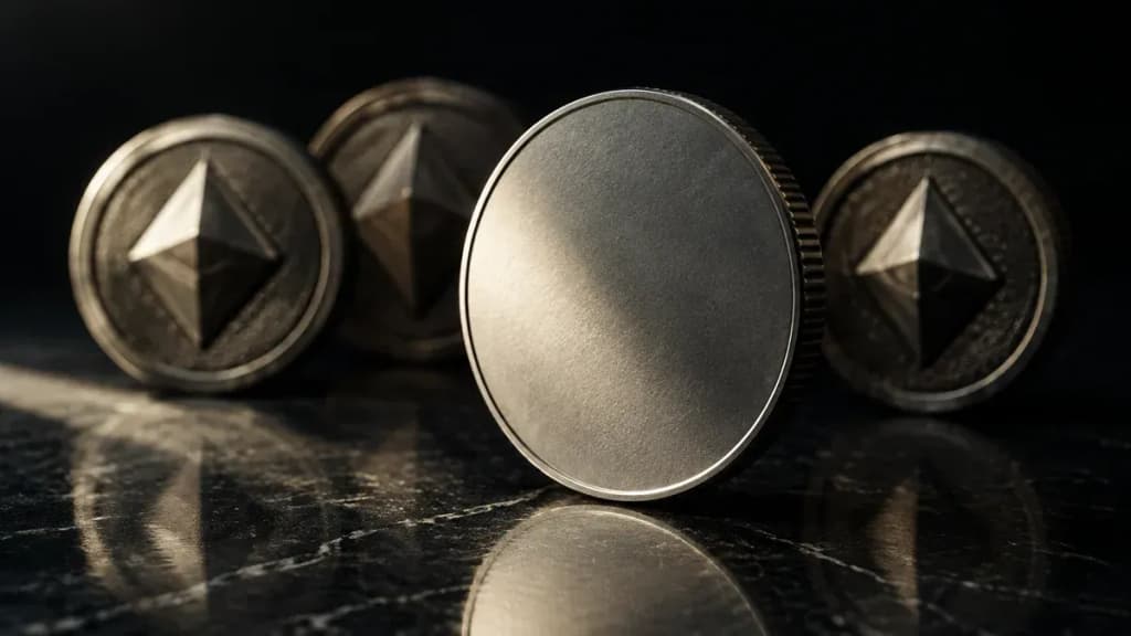 Glatter ungeprägter Münzrohling steht senkrecht auf dunklem Stein, dahinter unscharf drei fertig geprägte Münzen mit Rautensymbol