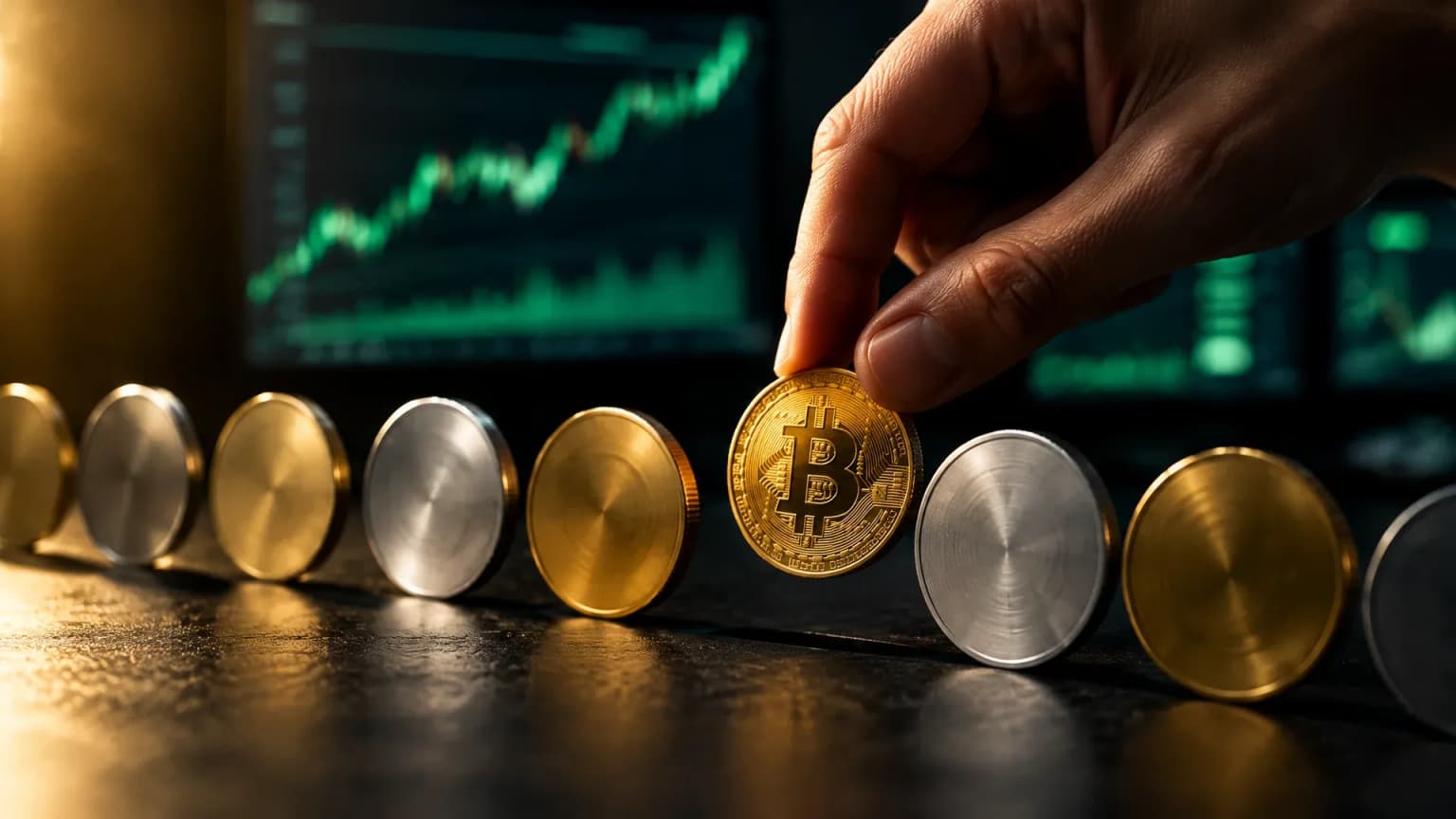 Hand legt eine Bitcoin-Münze neben mehrere Gold- und Silbermünzen auf einen dunklen Tisch, im Hintergrund unscharfe Handelsbildschirme