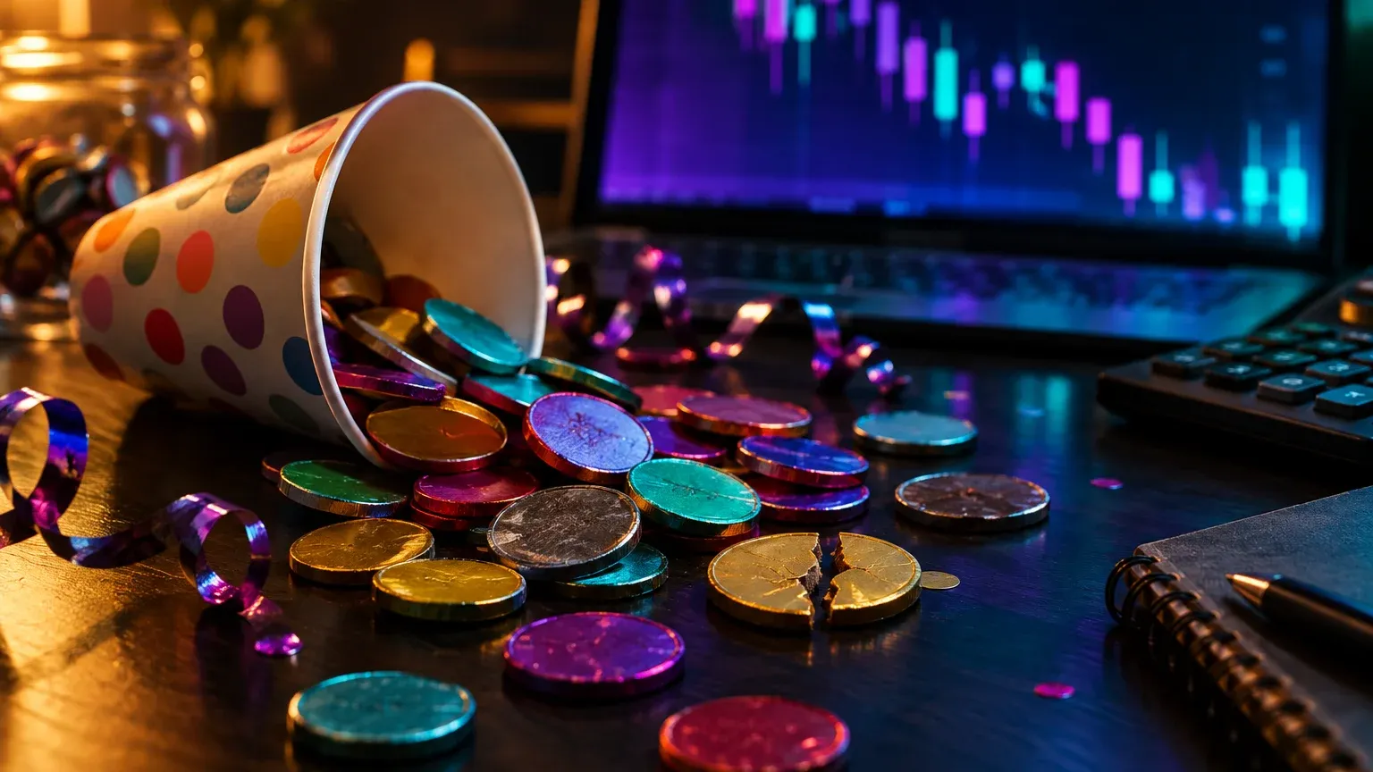 Colourful blank novelty coins spilling from a paper cup onto a dark trading desk