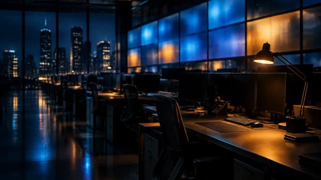 Menschenleerer Handelssaal bei Nacht, lange Reihen leerer Arbeitsplätze vor einer blau und bernsteinfarben leuchtenden Monitorwand