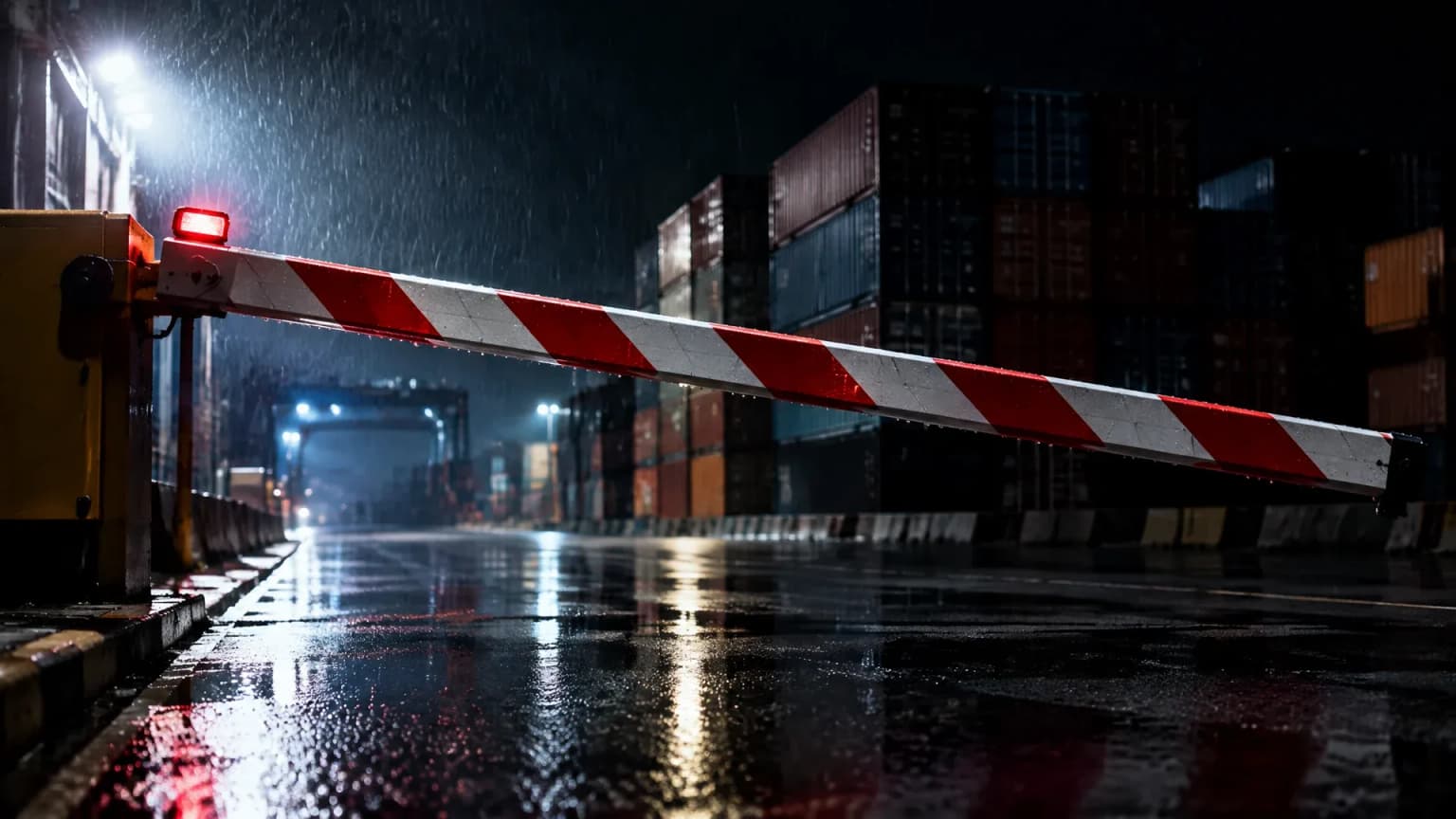 Sich senkende Schlagbaum-Schranke im Nachtregen vor der leeren Zufahrt eines Umschlagterminals