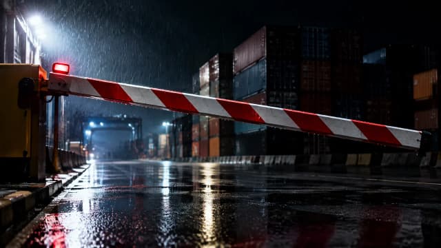 Sich senkende Schlagbaum-Schranke im Nachtregen vor der leeren Zufahrt eines Umschlagterminals