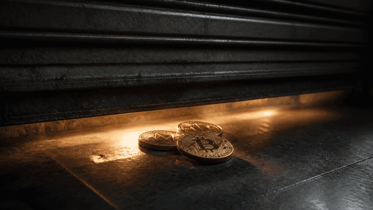 Halb heruntergelassene Stahl-Rollklappe ueber einer Handelsnische, im Lichtspalt darunter drei Metallmuenzen