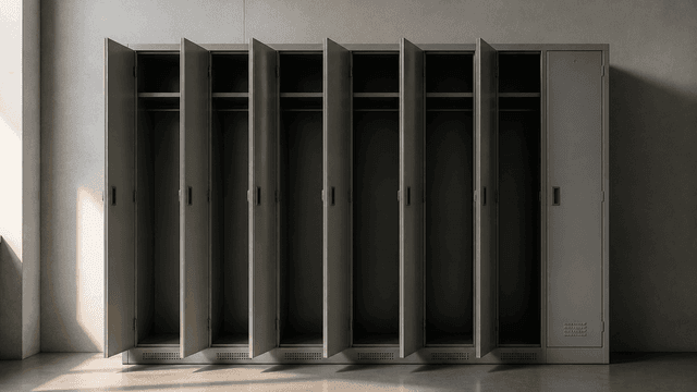 Wand mit sechs offenen leeren Metall-Schliessfaechern, ein siebtes Fach geschlossen