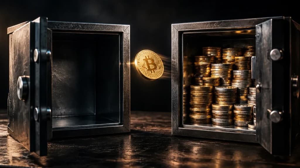 Zwei geöffnete Stahl-Schließfächer nebeneinander, das linke leer, das rechte voller gestapelter Münzen, dazwischen schwebt eine goldene Münze mit eingeprägtem Bitcoin-Zeichen
