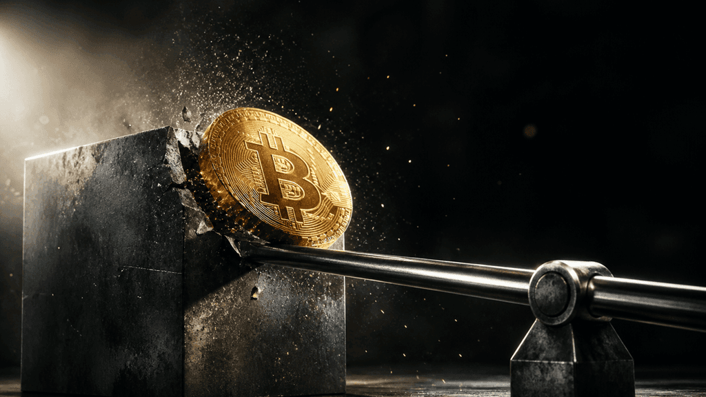 Ein duenner Stahlhebel stemmt eine tonnenschwere Goldmuenze mit Bitcoin-Symbol aus einem Stahlblock