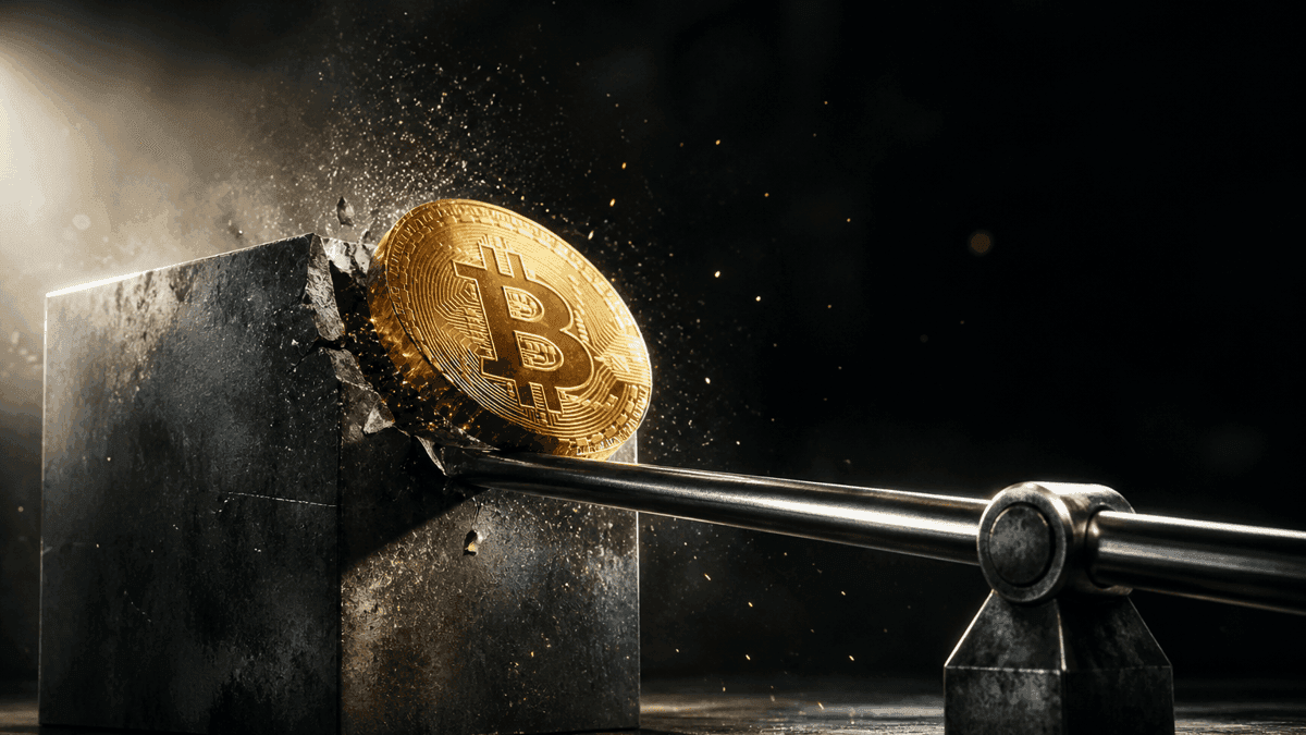 Ein duenner Stahlhebel stemmt eine tonnenschwere Goldmuenze mit Bitcoin-Symbol aus einem Stahlblock